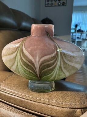 Art Glass Decorative Decanter Vase in Rose and Olive Green feather pulled